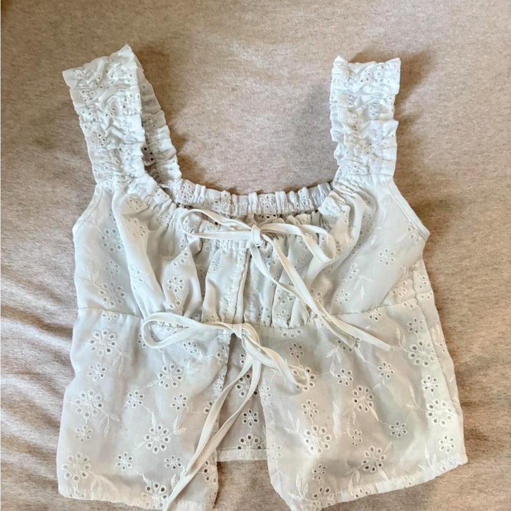 White Eyelet Sleeveless Top with Ruffle Straps